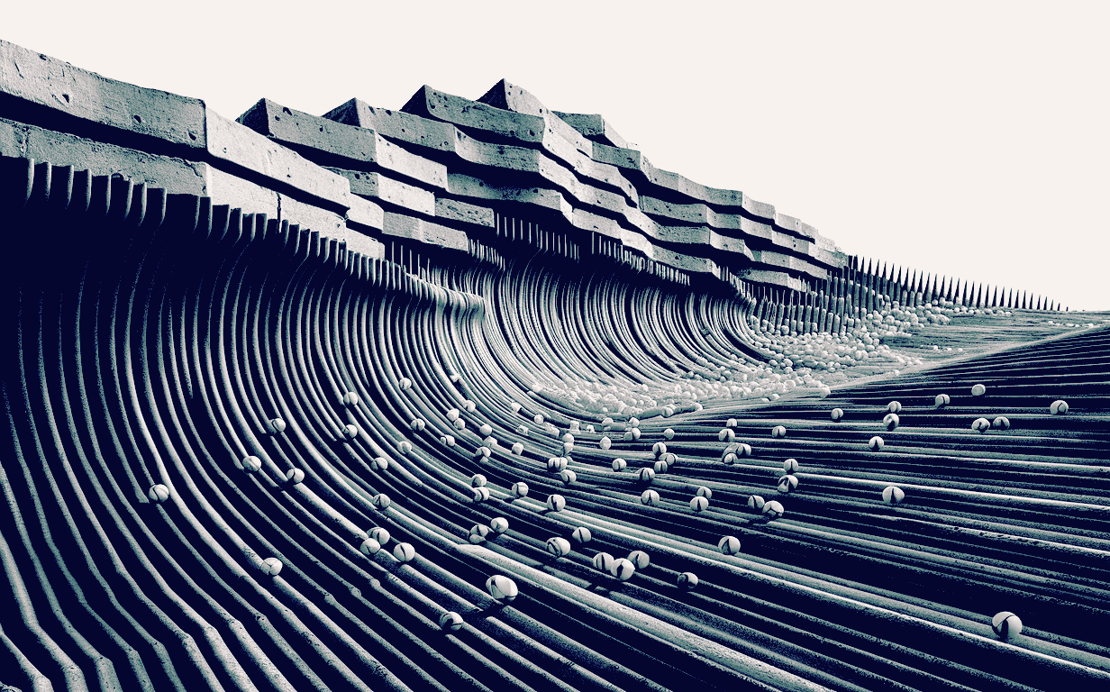 A brutalist representation of the particle-wave duality of the Hamiltonian--Jacobi equation. The stacked platforms represent the Hamilton principal function according to the field-theoretic wave interpretation, and the steel rebars are the characteristic rays, with balls rolling along them representing the particle interpretation. Made in Ideogram V1 with the following prompt: &#039;A brutalist terraced mountain made of concrete and steel rebar. There are ripples parallel to the ground. The steel rebars go downhill, and many marbles are rolling down along the steel rebars. White background. High contrast, grayscale, black-and-white minimalistic, in the flat style of vector svg art, conceptual art'