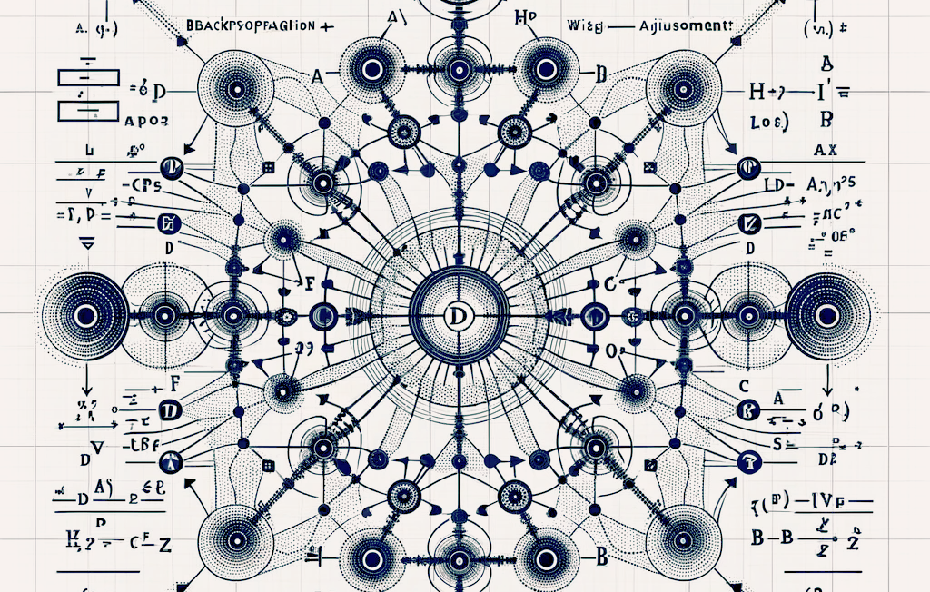Stylized illustration of a computational graph, with gibberish text that resemble vector calculus, thick and thin lines representing the flow of numbers in the graph. In the center of the vaguely octagonal graph is a letter D, D for derivative. High contrast, monochromatic, minimalistic, in the style of vector svg art.