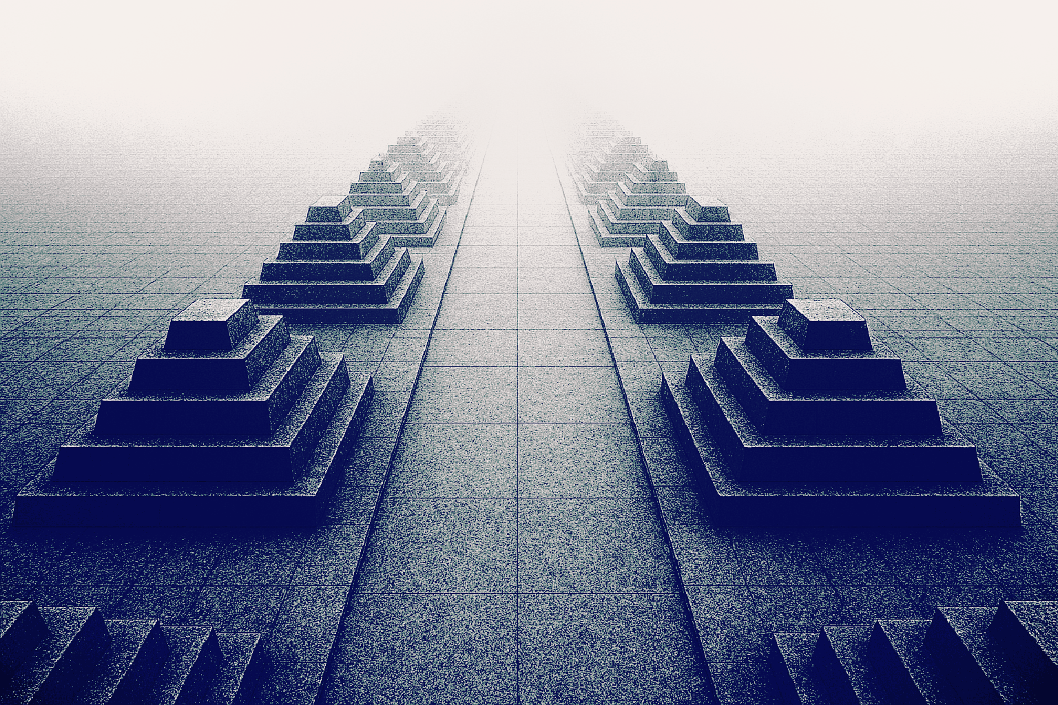 A symbolic representation of the Cyc project. The vanishing point covered by mist represents the project that keeps growing without ever reaching completion, a destination that is a mirage. The rows of pyramids make up a larger pyramid, due to perspective. This creates the sense of a recursive pyramid, a hierarchy of hierarchies, representing the hierarchy of microtheories in Cyc&#039;s ontology. The pyramid is also a monument to the dead, of vast ambitions that failed to secure their design purposes. For Egyptian pyramids, the purpose was a good afterlife. For Cyc, the purpose was AGI.
A one-point perspective image of a path towards infinity, banked by two rows of pyramids. The pyramids are stepped pyramids made of concrete. The path fades into a distant mist. The point of view is above the tops of the pyramids. Monochromatic photo. Created by GPT-4o.