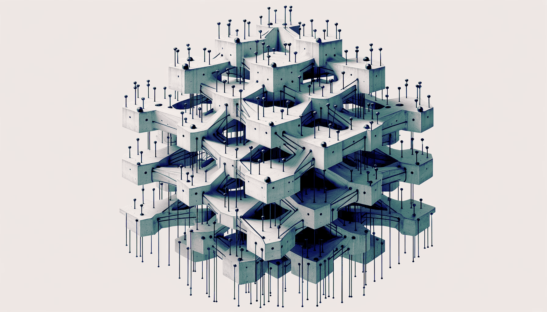Brutalist architecture representing a neural network. A vaguely hexagonal 3D array of concrete blocks connected by thin &#039;walkways', small thin steel 'lampposts' topped with balls, and balls rolling around.