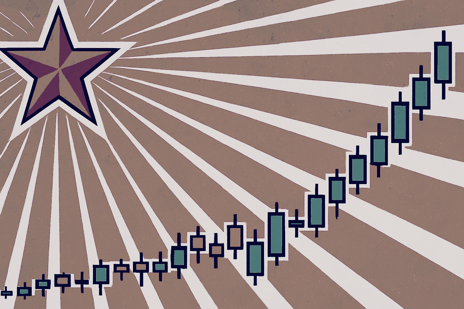 Made by GPT, with prompt: &#039;A shining red five-pointed star on the top left, sending out multiple light rays. It is in the similar style as socialist iconography. In the rest of the image, four candlestick charts overlapping and growing exponentially from the bottom left to the top right. No vignetting. Widest aspect ratio.'.